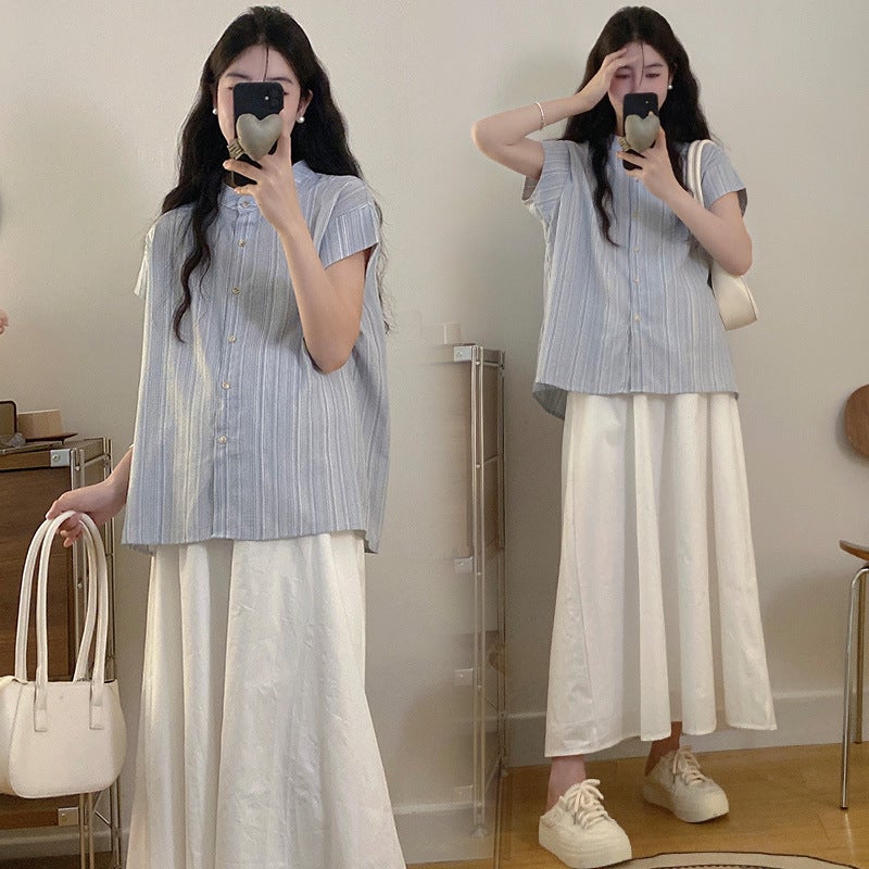 Maternity Summer 2024 New suit Fashion Stylish Shirt Top Belly-supporting Skirt Summer Two-piece Set Striped Top - Image 5