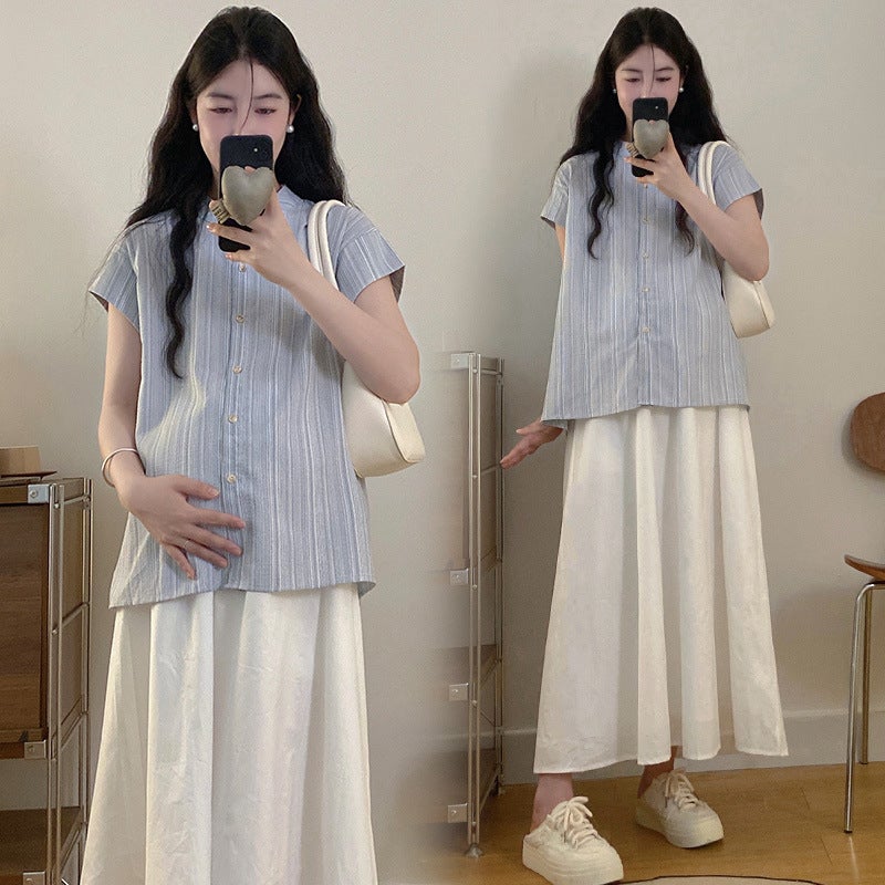 Maternity Summer 2024 New suit Fashion Stylish Shirt Top Belly-supporting Skirt Summer Two-piece Set Striped Top - Image 4