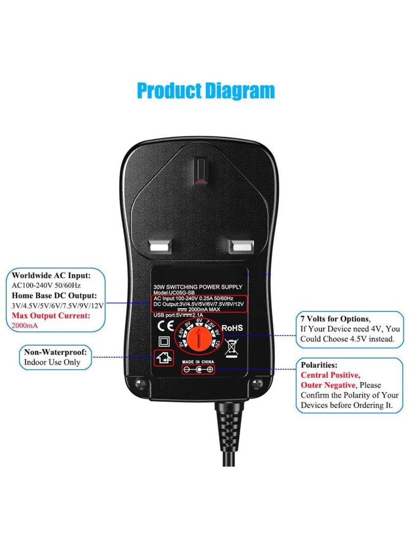 Excefore Universal 30W 3V 4.5V 5V 6V 7.5V 9V 12V AC/DC Adapter Switching Power Supply Charger PSU with 8 Selectable Adaptor Tips for 3V-12V Household Electronics and LED Strip - 2000mA Max - Image 5