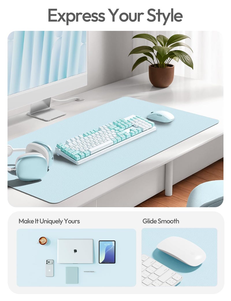 YSAGi Leather Desk Protector, Office Mat, Large Mouse Mat, Non-Slip PU Leather Blotter, Laptop Desk Pad, Waterproof Writing Pad for Office and Home (Baby Blue, 31.5" x 15.8") - Image 2