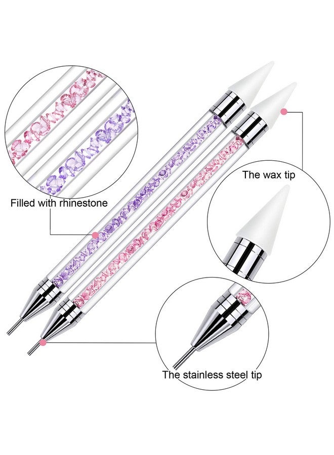 Tatuo 2 Pieces Rhinestone Picker Dotting Pen, Dual-ended Rhinestone Gems Crystals Studs Picker Wax Pencil Pen Crystal Beads Handle Manicure Nail Art DIY Decoration Tool (Pink Purple) - Image 2