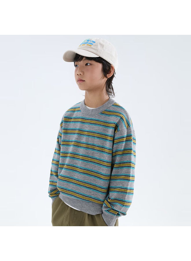 Mipu Autumn New Children's Vintage Striped Color-block Wool Knit Sweater Navy Blue 150cm