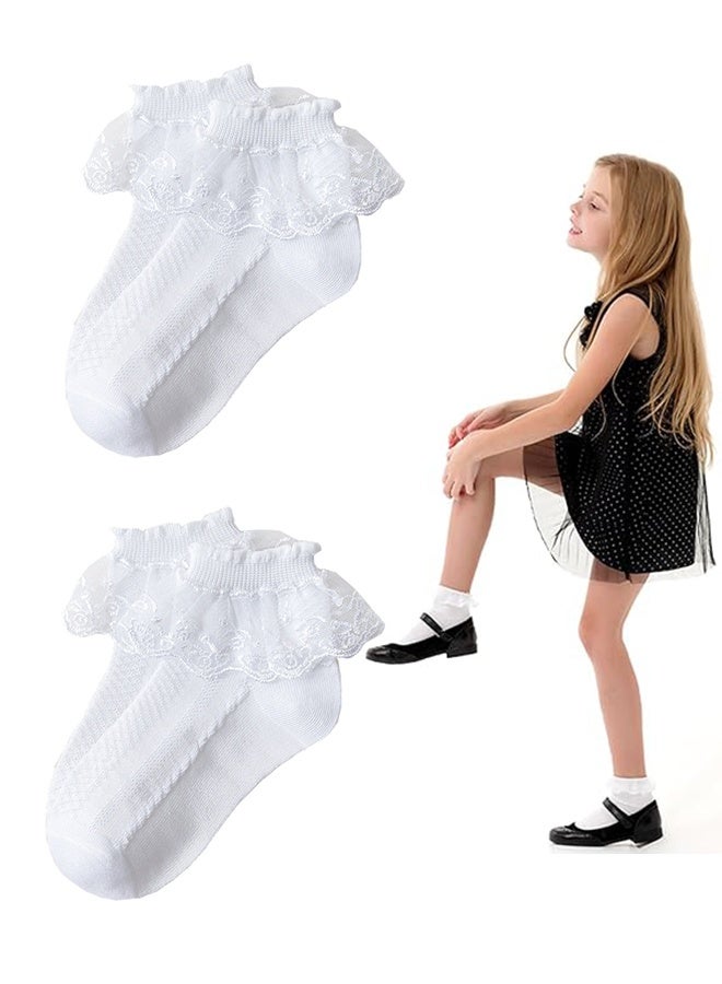 2 Pairs Girls White Ruffle Socks - Lace, Frilly, Princess Dress Socks - Image 1
