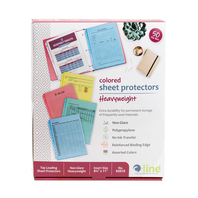 CLine 62010 Colored Polypropylene Sheet Protector Assorted Colors 2 11 x 8 12 Box of 50