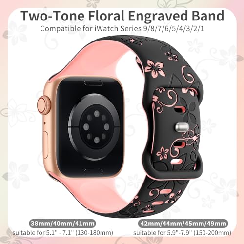 SuperNaNa Floral Engraved Bands Compatible with Apple Watch Band 41mm 40mm 44mm 45mm 42mm 38mm 46mm 49mm for Women,Cute Flower iWatch Bands Soft Silicone Sport Strap for iWatch Series SE 10 9 8 7 6 5 4 3 2 1 - Image 2