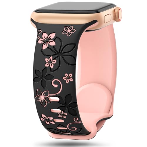 SuperNaNa Floral Engraved Bands Compatible with Apple Watch Band 41mm 40mm 44mm 45mm 42mm 38mm 46mm 49mm for Women,Cute Flower iWatch Bands Soft Silicone Sport Strap for iWatch Series SE 10 9 8 7 6 5 4 3 2 1 - Image 1