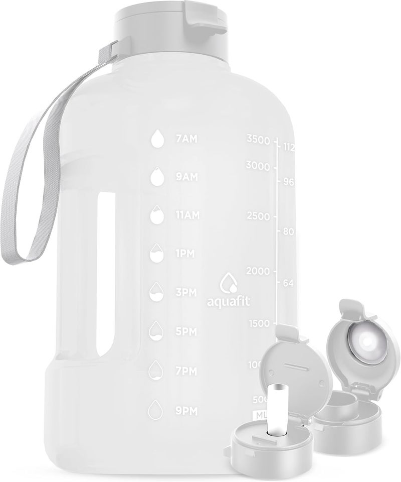 AQUAFIT 1 Gallon Water Bottle with Time Marker - Straw & Chug Lid - BPA Free Gym Water Bottle with Straw - Big Gallon Jug (Frosty, 128 oz - 2 Lids) - Image 1