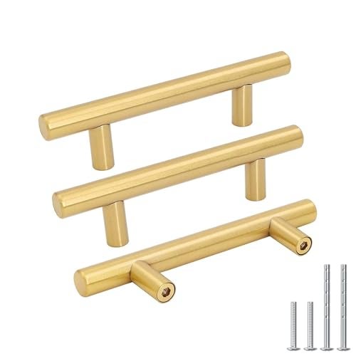 goldenwarm 10 Pack Gold Cabinet Handles Brushed Brass Drawer Pulls Gold Cabinet Pulls 3 inch - Kitchen Door Handles and Knobs Bathroom Bedroom Furniture Knobs Stainless Steel - Image 1