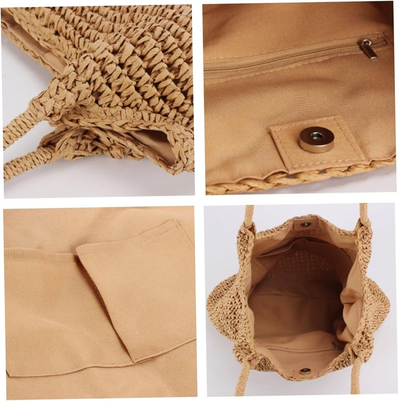Bolsa de playa de paja, 15.8x14.2 Bolsa de paja tejida de gran capacidad, bolso de paja de mano/hombro, bolsas de paja retro para mujeres, bolso femenino - Image 5