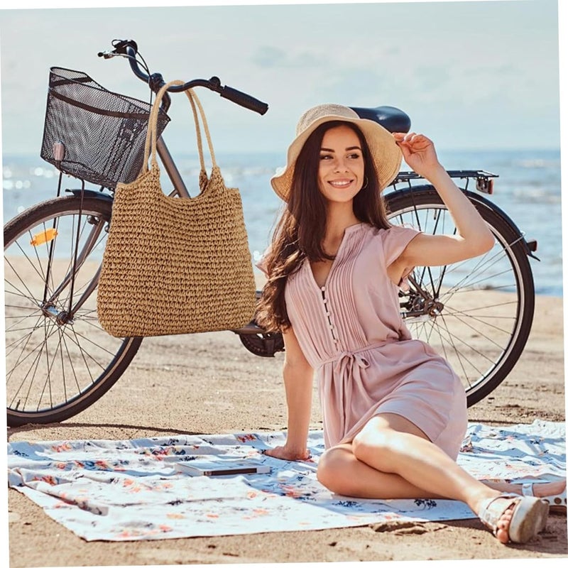 Bolsa de playa de paja, 15.8x14.2 Bolsa de paja tejida de gran capacidad, bolso de paja de mano/hombro, bolsas de paja retro para mujeres, bolso femenino - Image 3