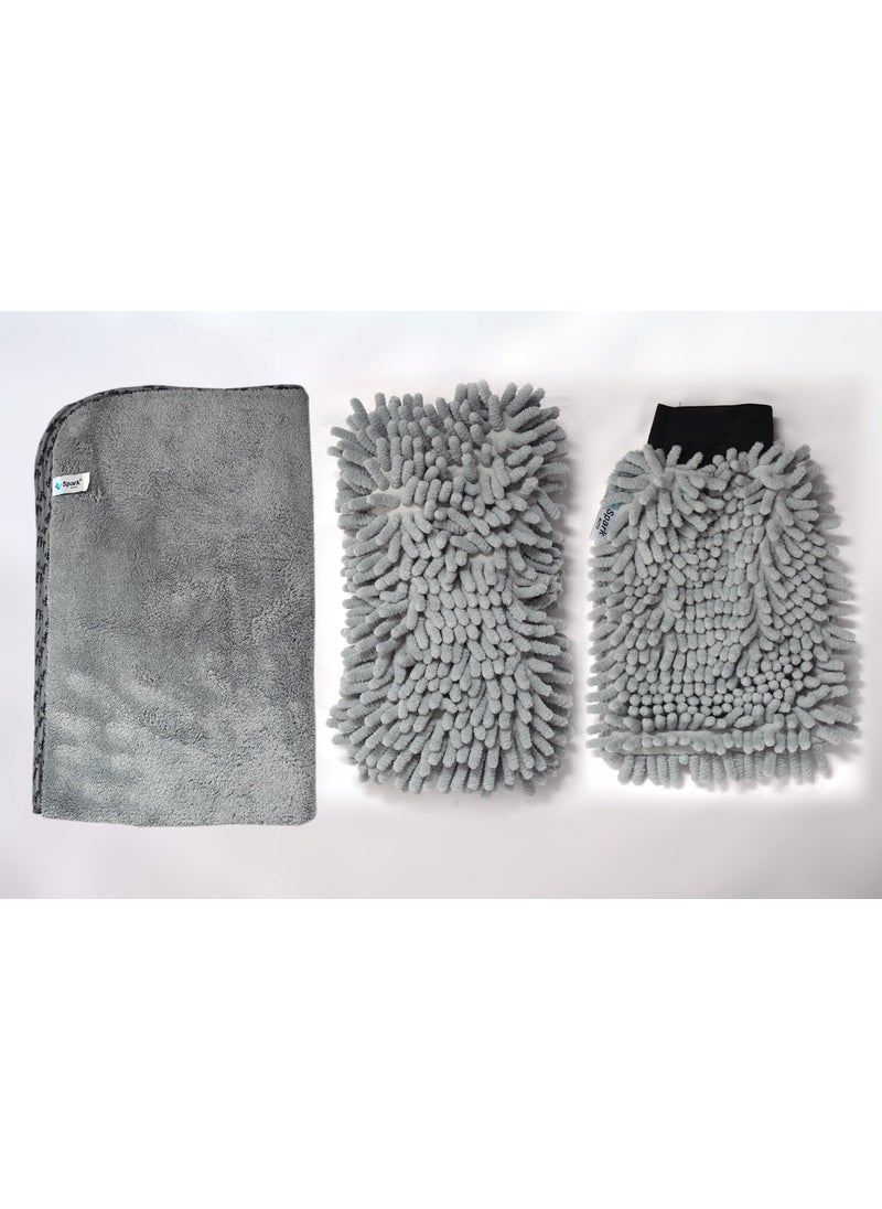 Spark Set of 3 Microfiber Plush Car Drying Cloth & Washing Sponge & Cleaning Glove  - Image 1