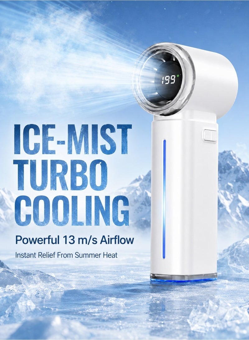OULIYO Portable Handheld Turbo Fan with Cooling Mist, 3500mAh Rechargeable Personal Fan, 199-Speed Control, 13m/s Powerful Airflow, LED Display and Detachable Water Tank, White - Image 1