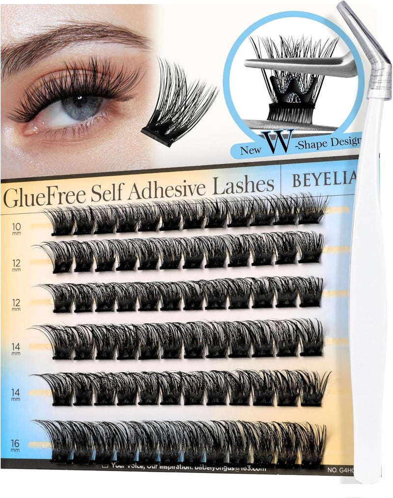 BEYELIAN Self Adhesive Lash Clusters D Curl Press On Lashes Pre Glued Eyelash Extension Kit with Tweezer 1016mm 72 PCS No Glue No Remover Needed