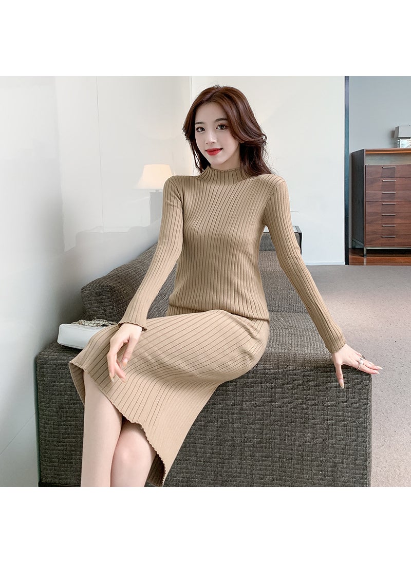 Generic - Turtleneck Long Sleeve Wool Dress Womens Autumn Winter Over-Knee Bodycon Sweater Dress Khaki - Image 1