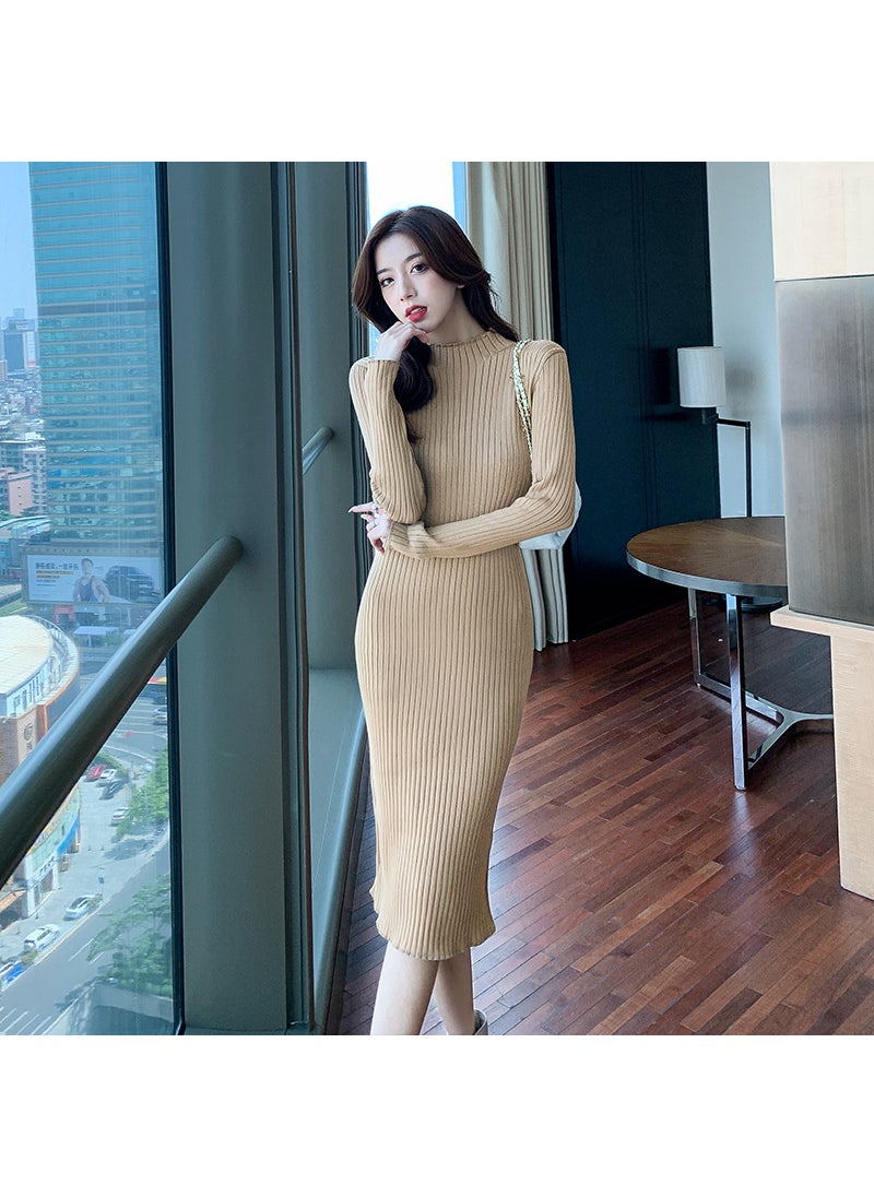 Generic - Turtleneck Long Sleeve Wool Dress Womens Autumn Winter Over-Knee Bodycon Sweater Dress Khaki - Image 1
