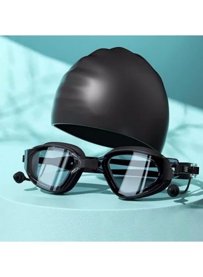 GGEROU Swimming Cap with Swim Goggles, Swimming Goggles Swimming Cap Set for Adults,UV Protection Lenses Clear Anti-Fog Swim Goggles,Silica Gel Waterproof Swimming Cap, Black - Image 1