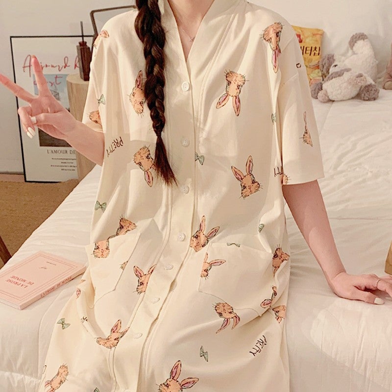Summer Maternity Pajama Dress with Nursing Bra 58007 butterfly adorable rabbit [with chest pad]]