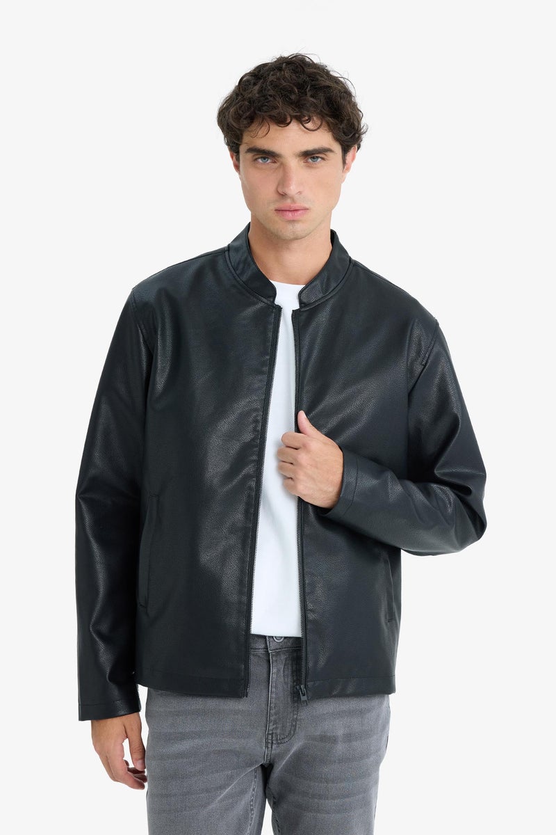 DeFacto Black Man Waterproof Slim Fit Stand Collar Zippered Faux Leather Jacket Casual - Image 3