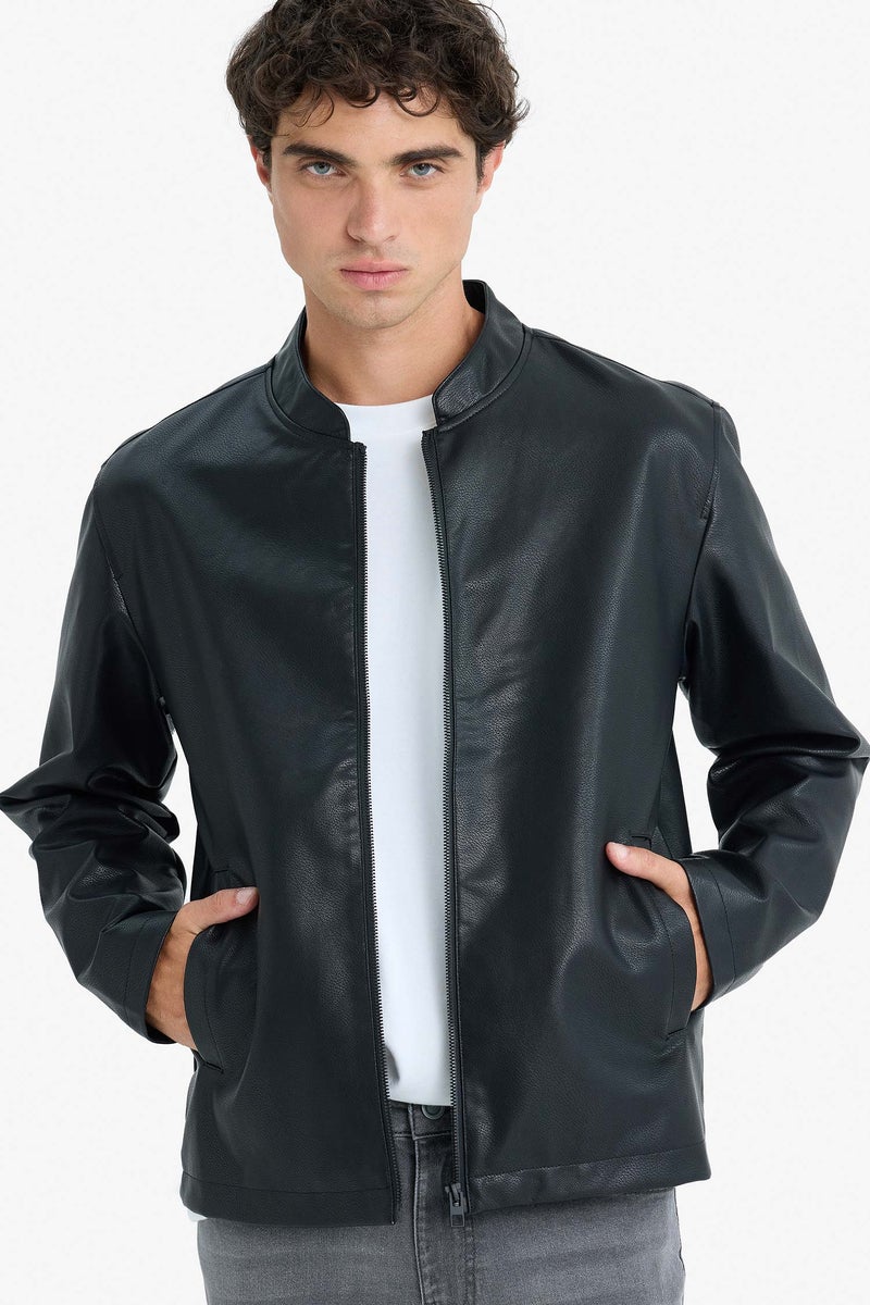 DeFacto Black Man Waterproof Slim Fit Stand Collar Zippered Faux Leather Jacket Casual - Image 1