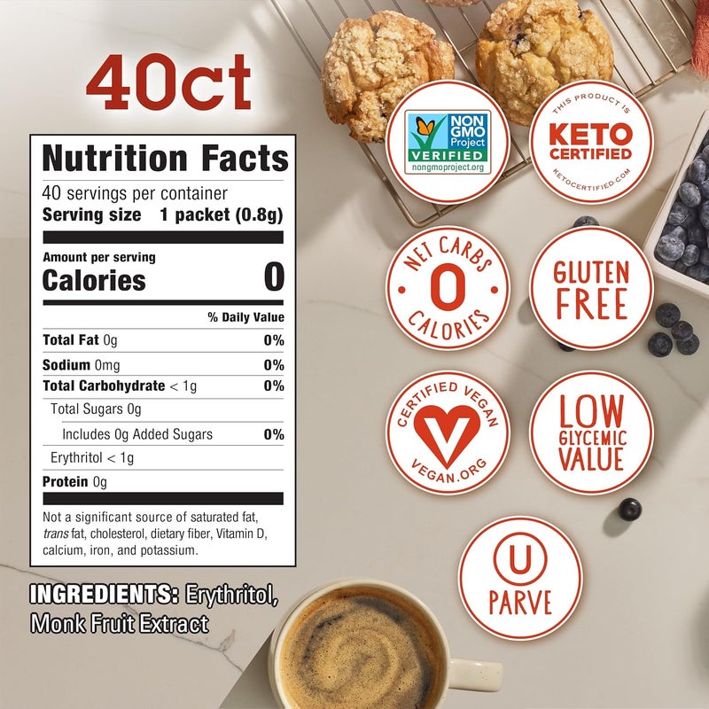 IN THE RAW MONK FRUIT IN THE RAW Natural Monk Fruit Sweetener with Erythritol, Sugar-Free, Keto, Gluten Free, Zero Calorie, Low Carb, Vegan Sugar Substitute - 40 Packets - Image 4