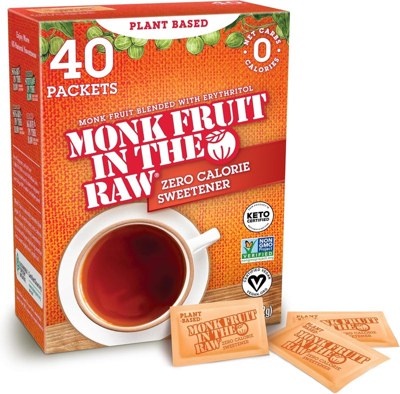 IN THE RAW MONK FRUIT IN THE RAW Natural Monk Fruit Sweetener with Erythritol, Sugar-Free, Keto, Gluten Free, Zero Calorie, Low Carb, Vegan Sugar Substitute - 40 Packets - Image 1