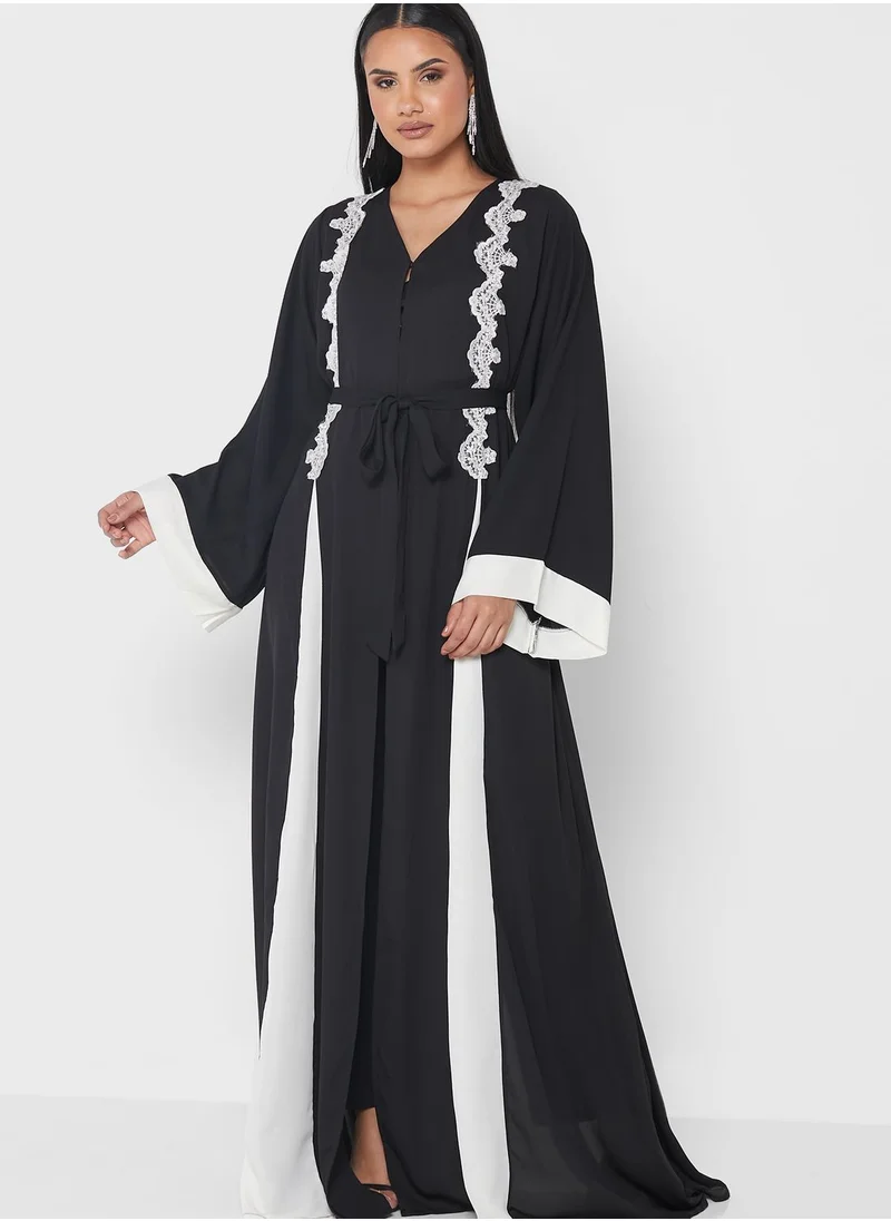 SIVVI for HANIYA Lace Detail Belted Abaya