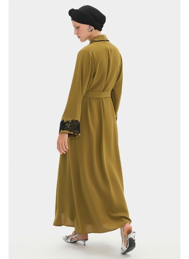 جون عباية نسائية مزينة بالزهور باللون الكاكي - Image 4