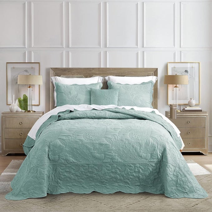 HZ HY OVERSIZED KING BEDSPREAD 128X120 EXTRA WIDE PAISLEY PATTERN QUILT SET GORGEOUS ELEGANT STYLE BEDDING COVERLETS REVERSIBLE LIGHTWEIGHT 5 PIECE AQUA SKY
