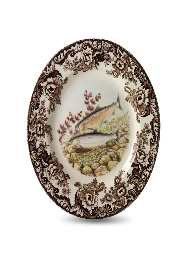 Spode Woodland Salmon Dinner Plate, British Country Style Earthenware Featuring Wildlife Scene - Rustic Holiday Kitchen Accent, Made in England - Festive Seasonal Table Decor Decorative Piece - Image 1