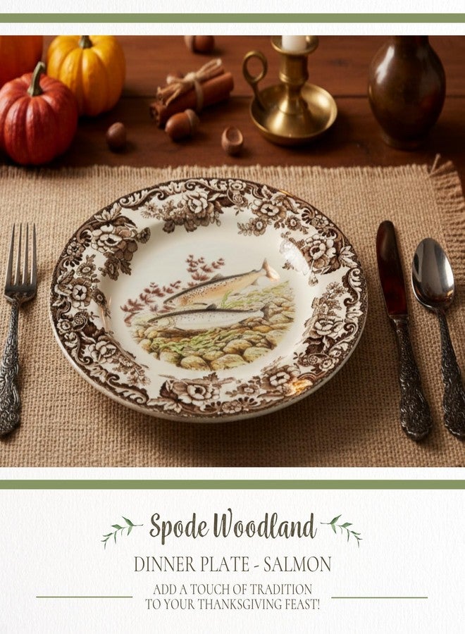 Spode Woodland Salmon Dinner Plate, British Country Style Earthenware Featuring Wildlife Scene - Rustic Holiday Kitchen Accent, Made in England - Festive Seasonal Table Decor Decorative Piece - Image 2