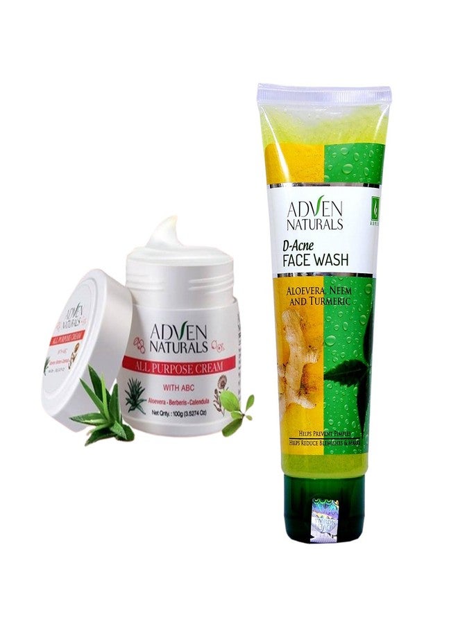 Adven Naturals All Purpose Cream with Aloevera, Berberis, Calendula 100g & D-Acne Face Wash with Neem, Turmeric 100g, Combo Set
