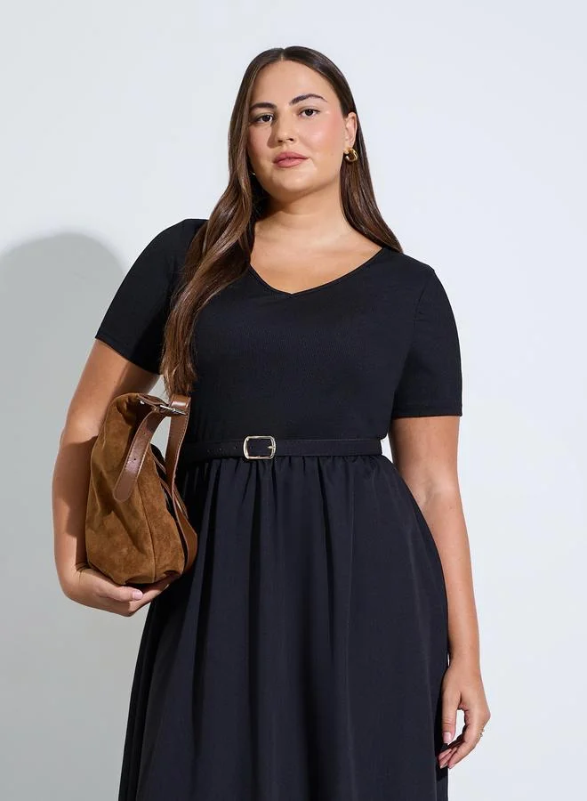 ستايلي Plus Size Black Belted Cutout Hem A-Line Maxi Dress