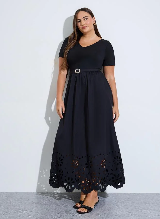 ستايلي Plus Size Black Belted Cutout Hem A-Line Maxi Dress
