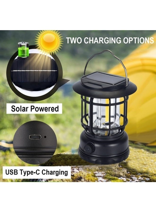 Hellobox Solar Camping Lantern, USB Rechargeable Retro Dimmable Horse Camp Lamp Outdoor Waterproof Vintage Portable Tent Light for Indoor Outages Hiking Emergency (Black) - Image 4