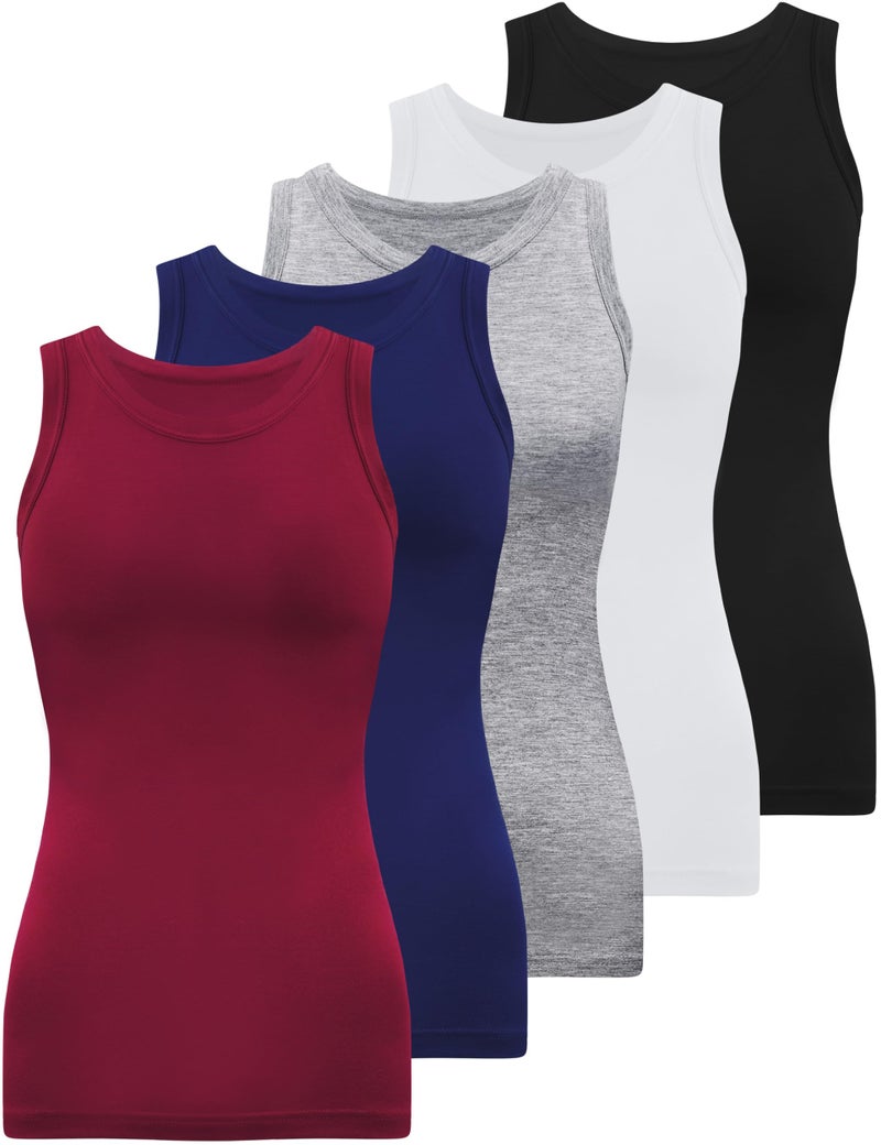 BQTQ 5 Pack Womens Crewneck Tank Tops High Neck Tank Tops Sleeveless Slim Fit Basic Tanks Top Ladies Undershirts, Black, White, Gray, Dark Red, Navy, XXL - Image 1