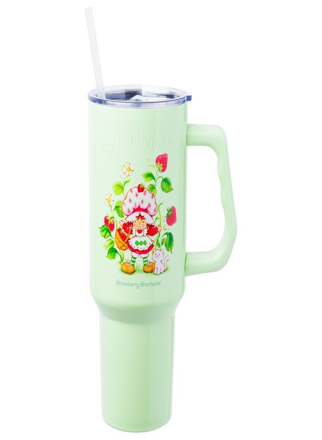 Silver Buffalo Strawberry Shortcake Life is Delicious Flowers Vintage Stainless Steel Tumbler with Handle and Straw, Fits in Standard Cup Holder, 40 Ounces - Image 1