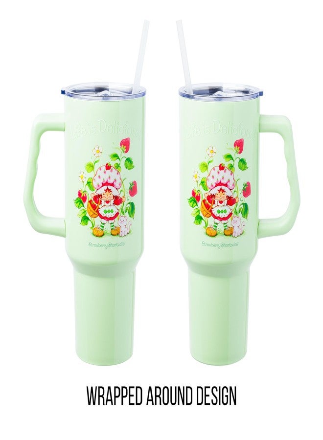 Silver Buffalo Strawberry Shortcake Life is Delicious Flowers Vintage Stainless Steel Tumbler with Handle and Straw, Fits in Standard Cup Holder, 40 Ounces - Image 2