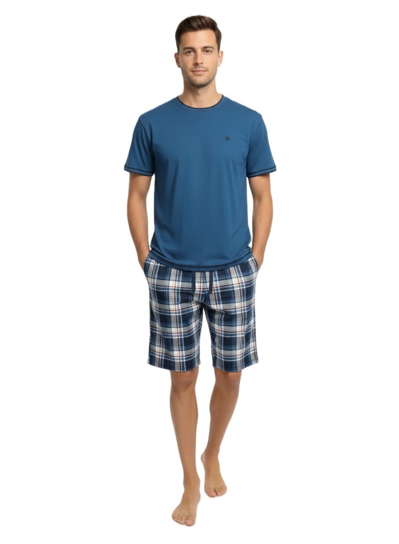 Men Summer Pajama Set Plain Top & Plaid Short