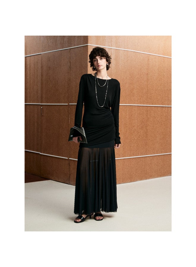 Marius "fairy Set" Tencel Wool Soft Breathable Draped Pleated Long Sleeve T-shirt And Mermaid Mesh Skirt Set - Image 1