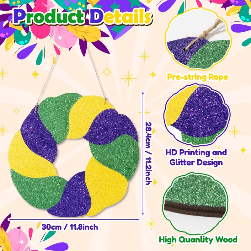 A1diee Mardi Gras Glitter Door Sign - 11x12in Green Purple Yellow Glitter Mardi Gras Wood Hanging Decoration for Front Door, Masquerade Wall Hanger Decoration for Home Decor Outdoor Porch Yard Party - Image 2