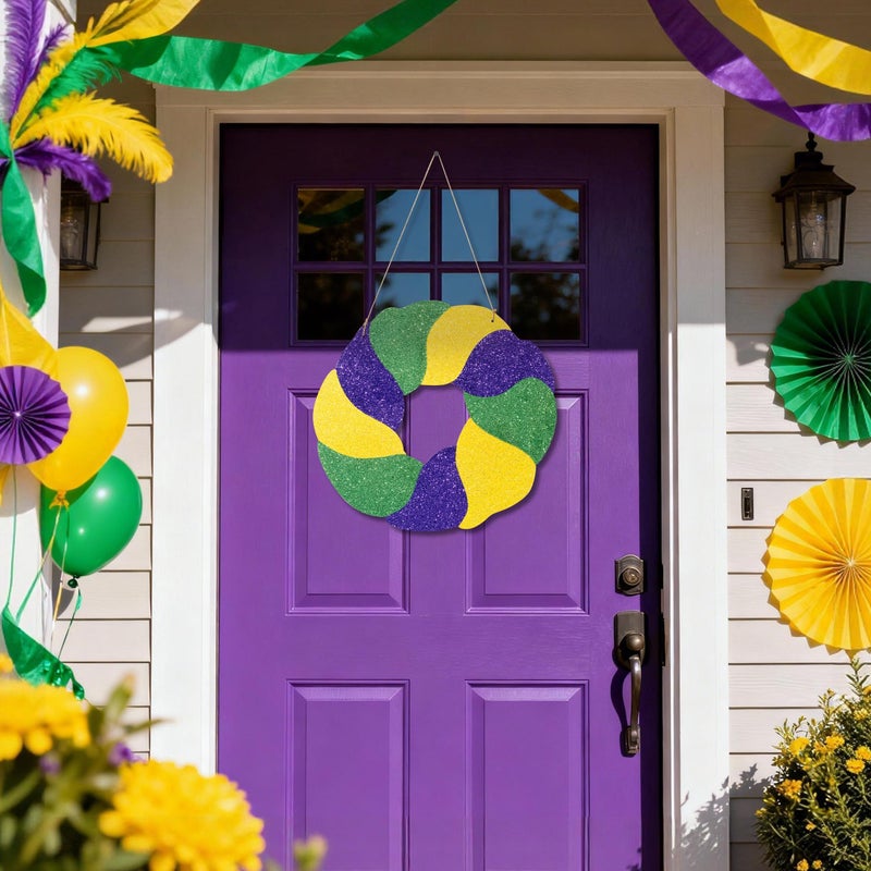 A1diee Mardi Gras Glitter Door Sign - 11x12in Green Purple Yellow Glitter Mardi Gras Wood Hanging Decoration for Front Door, Masquerade Wall Hanger Decoration for Home Decor Outdoor Porch Yard Party - Image 3