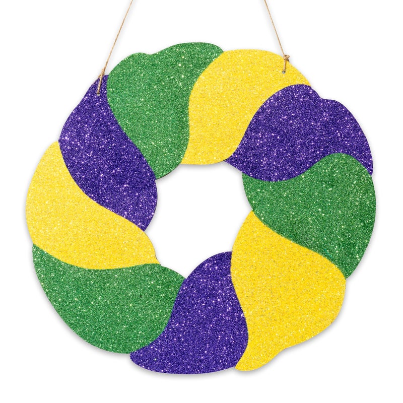 A1diee Mardi Gras Glitter Door Sign - 11x12in Green Purple Yellow Glitter Mardi Gras Wood Hanging Decoration for Front Door, Masquerade Wall Hanger Decoration for Home Decor Outdoor Porch Yard Party - Image 1