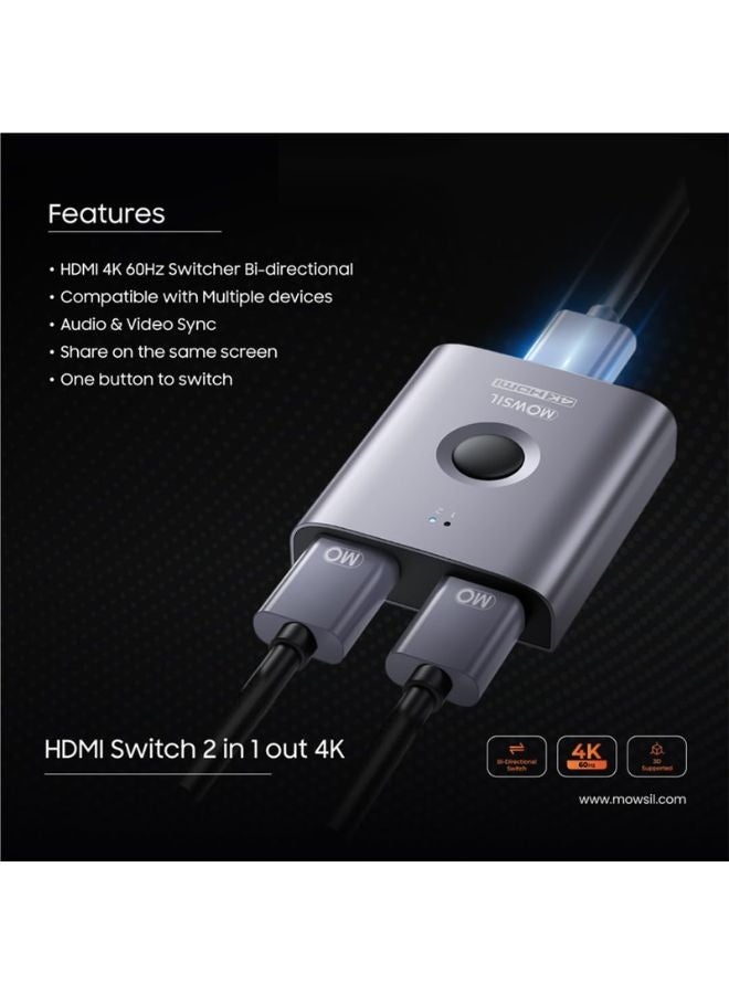 MOWSIL Mowsil HDMI Switch 2 in 1 Out, 4K@60Hz, Bi-Directional HDMI Switch with Cable, Supports 4K@60Hz, 3D, 1080P, HDMI Switcher 2 Input 1 Output / 1 Input 2 Output - Image 4