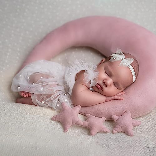 BLUETOP Lace Newborn Photography Outfits Girl Dress Infant Photoshoot Outfits Cute Pearl Lace Rompers Newborn Photography Props Set with Pearl Headband Tutu Skirt - Image 4