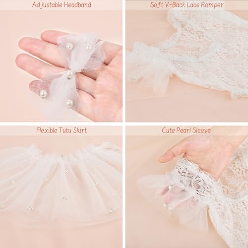 BLUETOP Lace Newborn Photography Outfits Girl Dress Infant Photoshoot Outfits Cute Pearl Lace Rompers Newborn Photography Props Set with Pearl Headband Tutu Skirt - Image 5