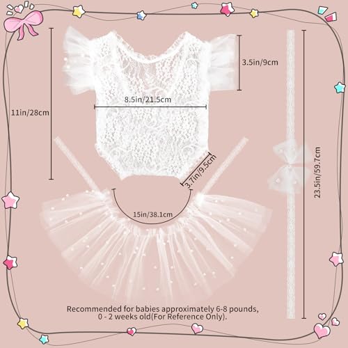 BLUETOP Lace Newborn Photography Outfits Girl Dress Infant Photoshoot Outfits Cute Pearl Lace Rompers Newborn Photography Props Set with Pearl Headband Tutu Skirt - Image 2