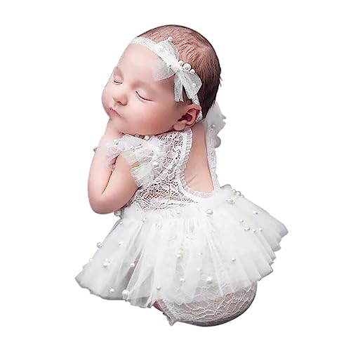 BLUETOP Lace Newborn Photography Outfits Girl Dress Infant Photoshoot Outfits Cute Pearl Lace Rompers Newborn Photography Props Set with Pearl Headband Tutu Skirt - Image 1