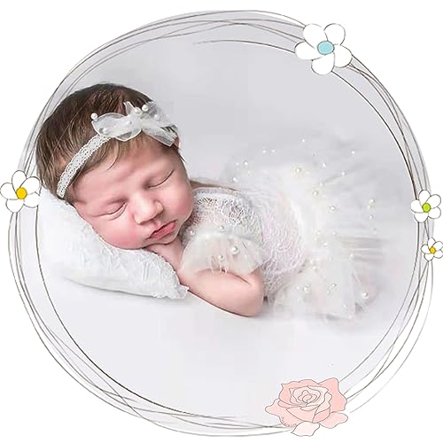 BLUETOP Lace Newborn Photography Outfits Girl Dress Infant Photoshoot Outfits Cute Pearl Lace Rompers Newborn Photography Props Set with Pearl Headband Tutu Skirt - Image 3