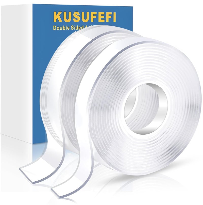 KUSUFEFI شريط لاصق مزدوج الجوانب للاستخدام الثقيل، شريط تثبيت مزدوج (2 لفة، إجمالي 20 قدم)، شريط لاصق شفاف مزدوج الجوانب، شريط لاصق قابل للإزالة للاستخدام في المنزل، المكتب، السيارة، الاستخدام الخارجي - Image 1