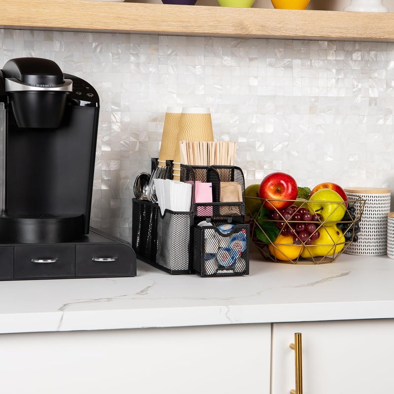 Coffee Condiment and Accessories Caddy Organizer, for Cups, Stirrers, Snacks, Sugars, etc., Black Mesh - Image 2